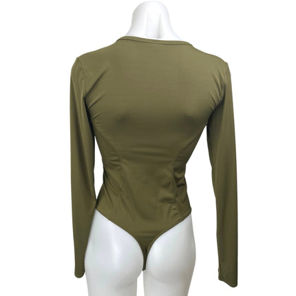 Free People Intimately Women Green Long Sleeve Deep V Thong Bodysuit Top Size S