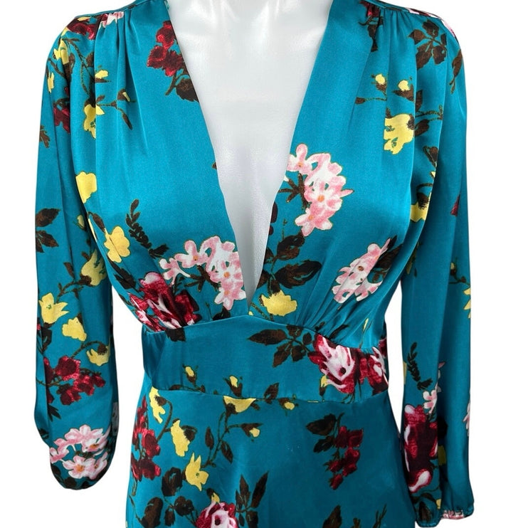 Zara Blue Silk Satin Floral Long Sleeve Deep V-Neck A Line Maxi Dress Size S