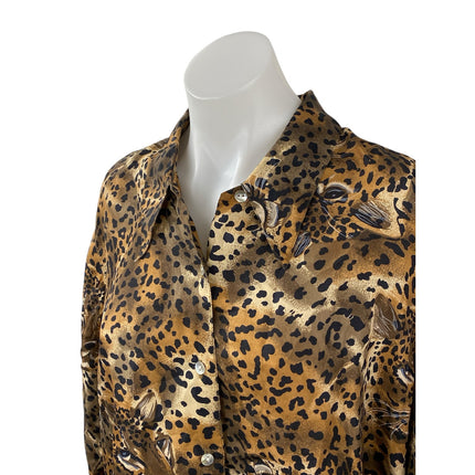 Vintage Lady Bear 100% Silk Animal Print Long Sleeve Button Down Shirt Top Sz M
