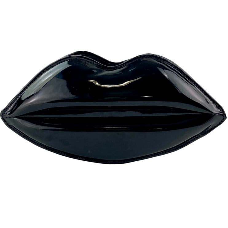 Black Patent Faux Leather Vegan Zip Chain Crossbody Lip Purse Clutch Bag OS