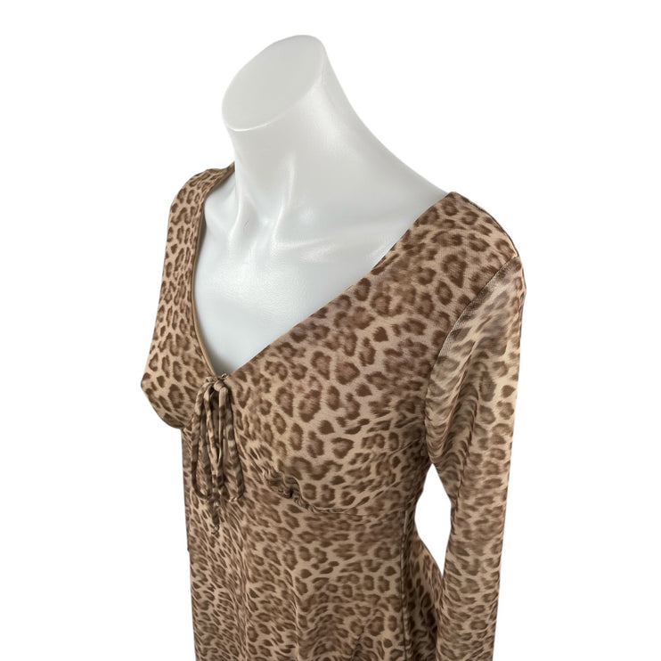 NEW See You Monday Tan Leopard Long Sleeve Tie V Neck A Line Mini Dress Size M