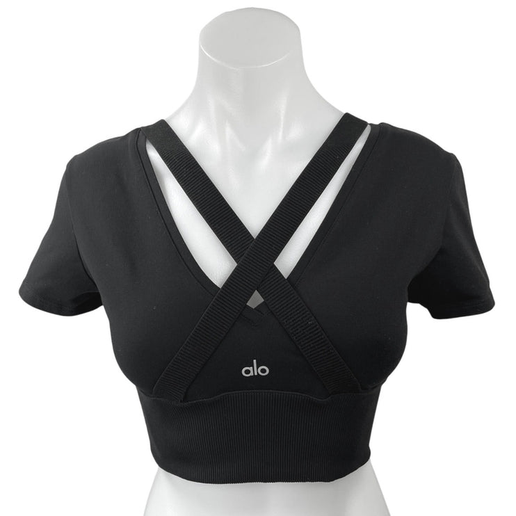 Alo Yoga Black Overlay Elastic Strap Crisscross Revolve Athletic Crop Top Size M