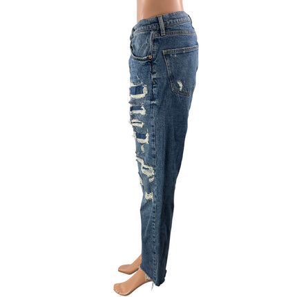 Zara Women's Blue Distressed High Waisted Wide Leg Baggy Denim Jeans Size 10