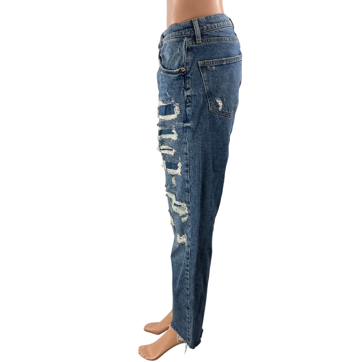 Zara Women's Blue Distressed High Waisted Wide Leg Baggy Denim Jeans Size 10