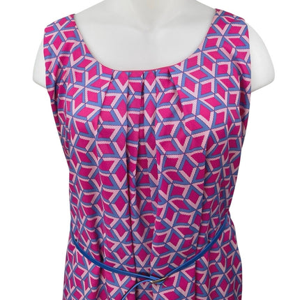 Pink Owl Pink Blue Geometric Sleeveless Belted Cami Camisole Midi Tank Dress 4X