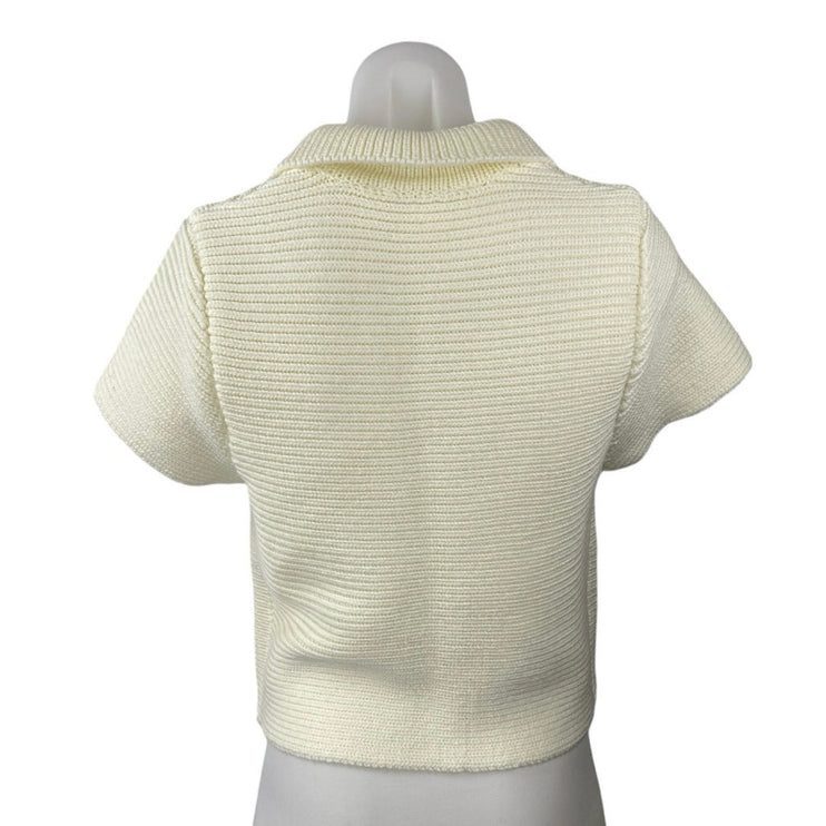 Zara Cream White Rib Knit Collar Short Sleeve Button Up Polo Sweater Top Size M