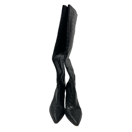 Dolce Vita Black Leather Crocodile Print Pointed Toe Knee High Cowboy Boots 9.5