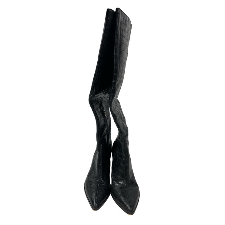 Dolce Vita Black Leather Crocodile Print Pointed Toe Knee High Cowboy Boots 9.5