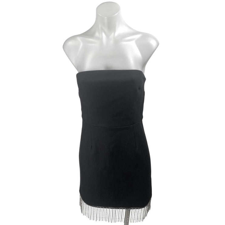 NEW Showpo. Black Shikita Strapless Bandeau Tube Fringe Hem Mini Dress Size 8