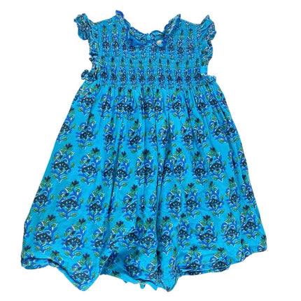Pink Chicken Kids Girls Blue Floral Sleeveless Ruffle Smocked A Line Dress Sz 4Y