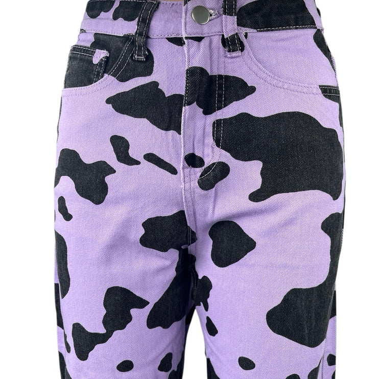 Women's Purple Black Animal Cow Print Loose Fit Straight Denim Jeans Size XS/2