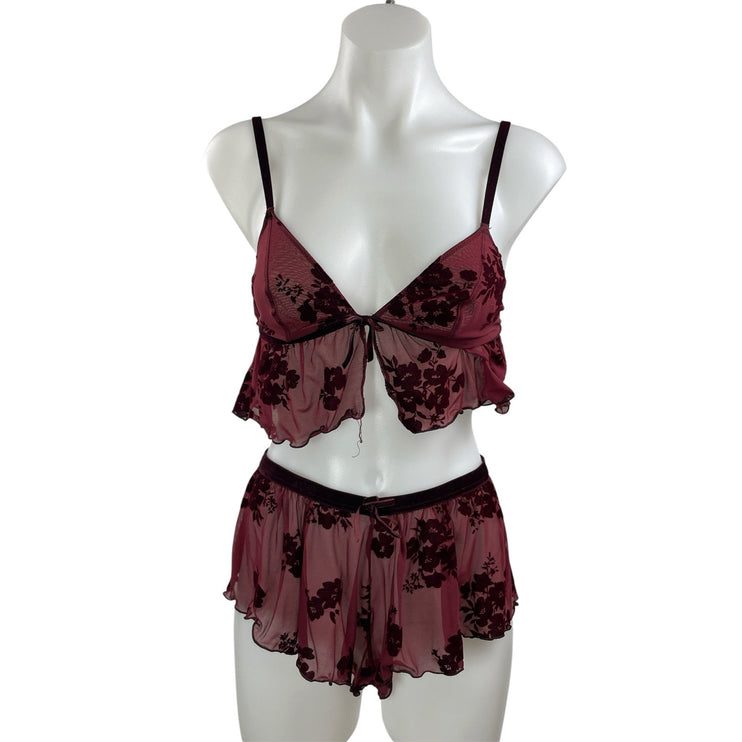 Auden Flocked Womens Red Black Floral Mesh Bralette & Mini Short Lingerie Sets S