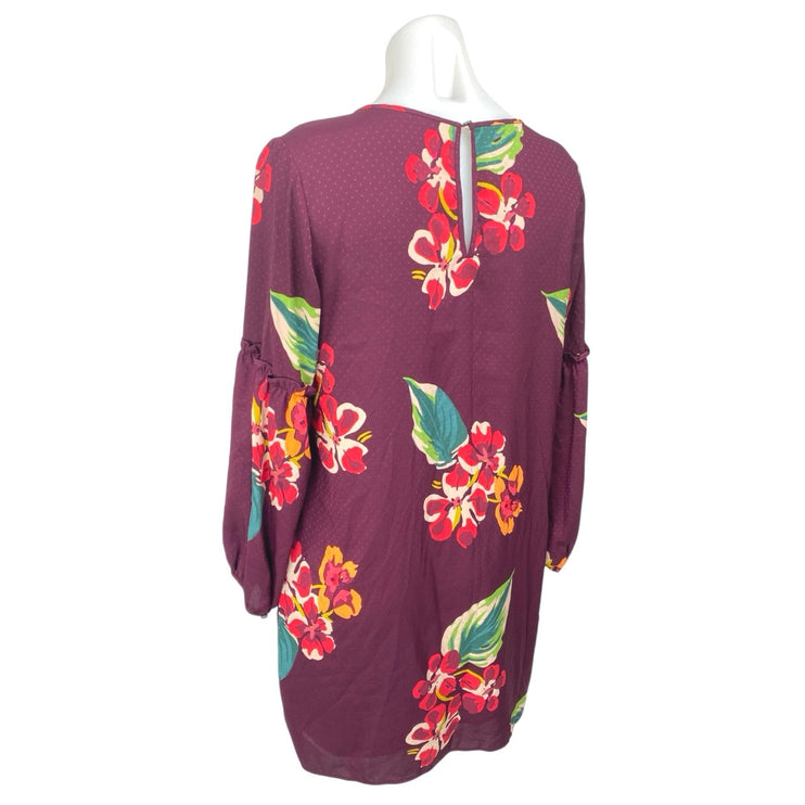 Ann Taylor LOFT Purple Floral Leaf Long Balloon Sleeve Mini Shift Dress Size M