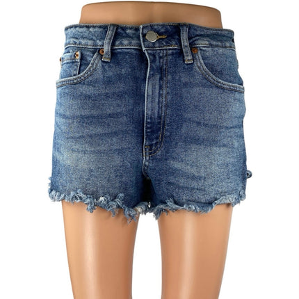 Justusa Women's Blue Mid Rise Frayed Raw Hem Mini Cutoff Denim Jeans Shorts Sz M