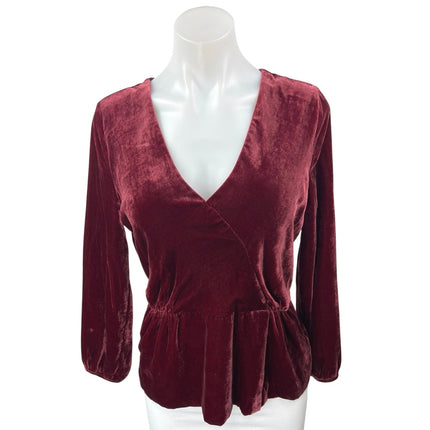 J.Crew Women's Red Velvet Velour V-Neck Long Sleeve Peplum Wrap Blouse Top 6