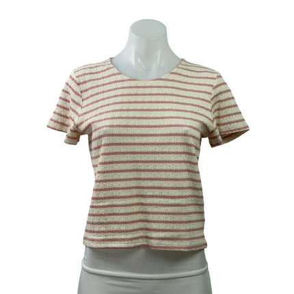 LeBop Women's Cream Pink Striped Short Sleeve Round Neck T Shirt Tee Top Size L
