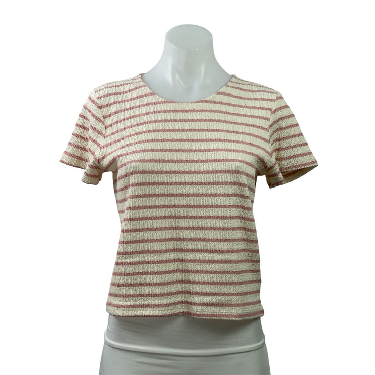 LeBop Women's Cream Pink Striped Short Sleeve Round Neck T Shirt Tee Top Size L