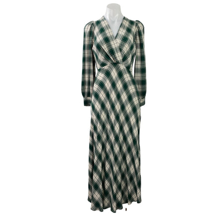 Next Women's Green Plaid Checkered Long Puff Sleeve V Neck Shirt Midi Dress 6