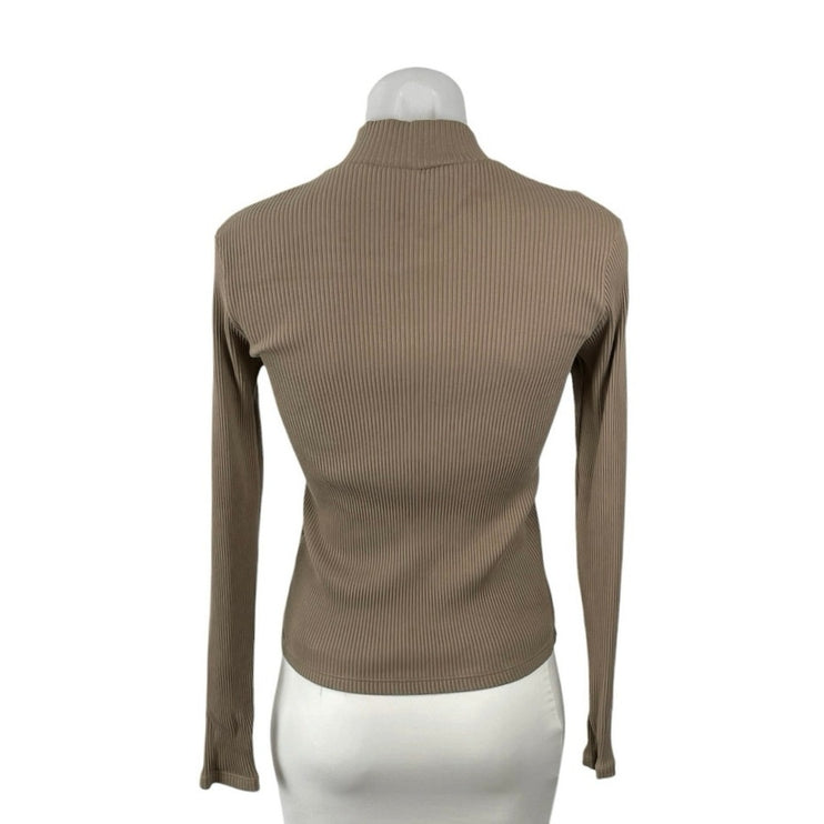 Uniqlo Women's Brown Ribbed Knit Mock Neck Long Sleeve Tee T-Shirt Blouse Top XS