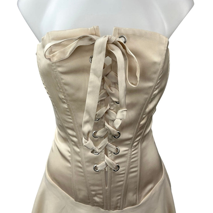 Tic Toc Cream Gold Strapless Lace Up Party Night Club Corset Mini A-line Dress M