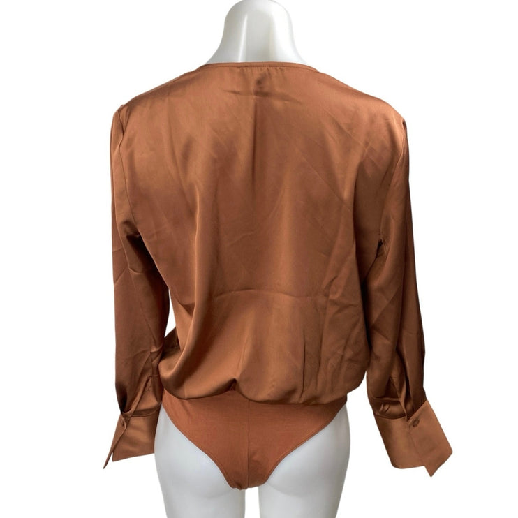 Ann Taylor Brown Silk Satin Long Sleeve V Neck Faux Wrap Blouse Bodysuit Top S