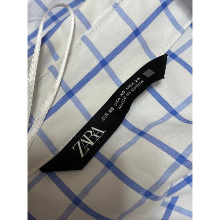 Zara Women's White Blue Checkered Long Sleeve Button Up Oversized Shirt Top XS