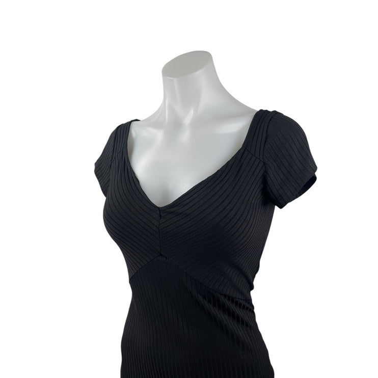 Zara Black Short Sleeve V Neck Ribbed Knit Pencil Midi Bodycon Dress Size S