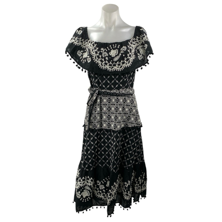 Anthropologie Marisol Black Off The Shoulder Embroidered Tie Waist Midi Dress 4