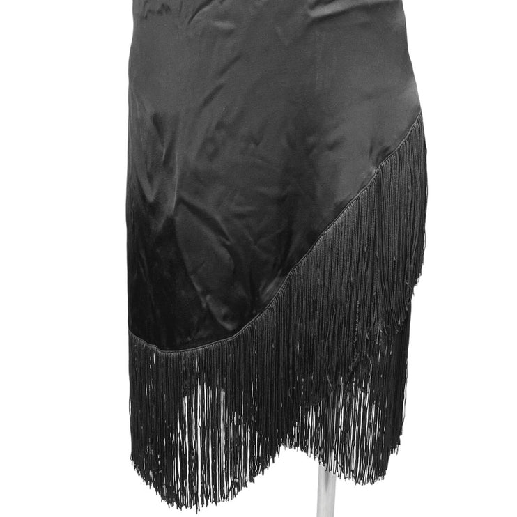 Zara Black Silk Satin V-Neck Fringe Cross Back Strap Slip Bodycon Mini Dress L