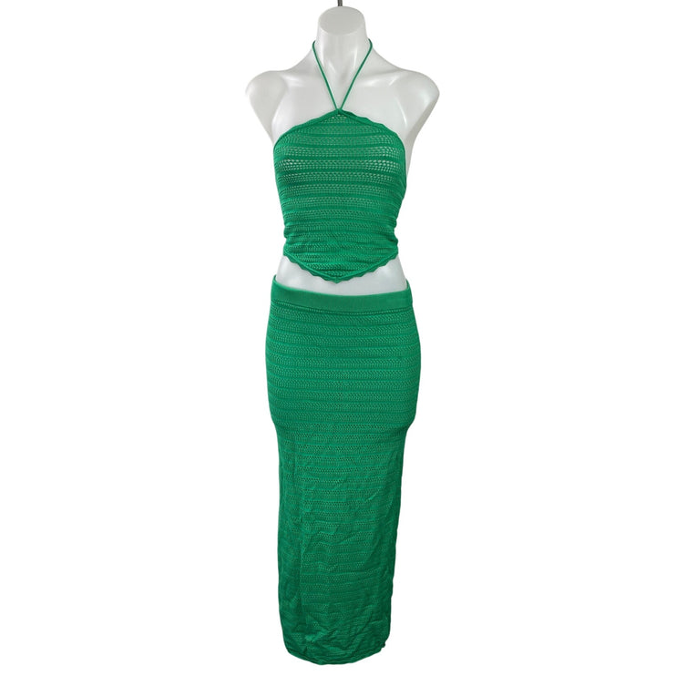 AFRM Green Halter Open Knit Sleeveless Crop Top Midi Skirt Two Piece Set Size S