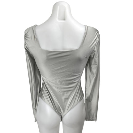 House of Harlow 1960 Silver Metallic Square Neck Long Sleeve Bodysuit Top Size S