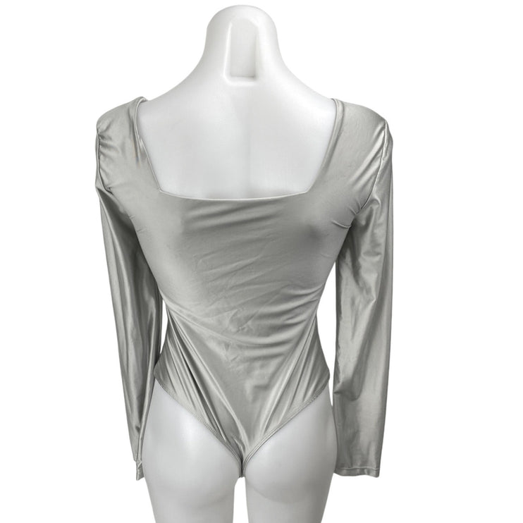 House of Harlow 1960 Silver Metallic Square Neck Long Sleeve Bodysuit Top Size S