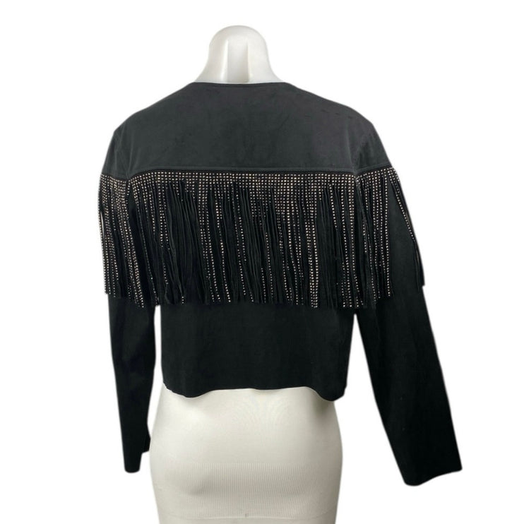 Zara Women's Black Faux Leather Suede Rhinestone Fringe Cropped Jacket Size S