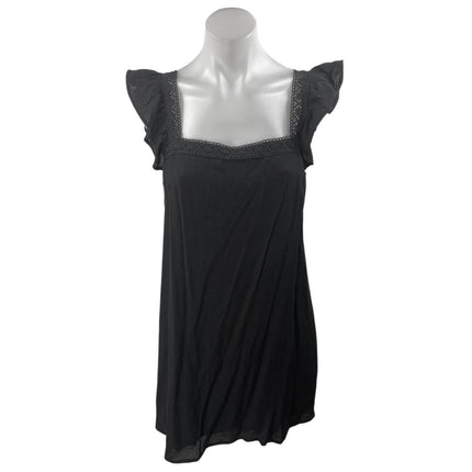 Lulus Black Lace Trim Square Neck Short Flutter Sleeve Mini Slip Dress Size S