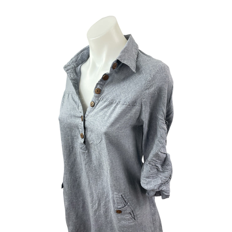 Poetry Women's Gray Linen Half Sleeve Button Front Collared Henley Shirt Top M