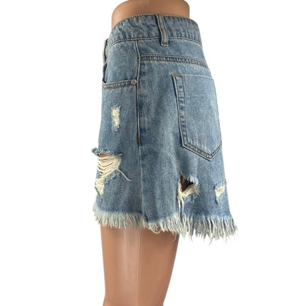 Caffeine Blue Distressed Frayed High Waisted Mini Denim Jeans A-Line Skirt Sz S