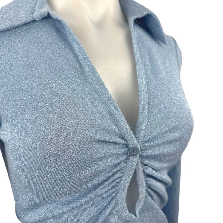 Zara Women's Blue Glitter Long Sleeve V Neck Button Polo Blouse Top Size XS