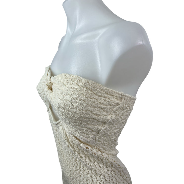 Zara Cream Crochet Knit Strapless Twist Front Slit Midi Bodycon Dress Size M