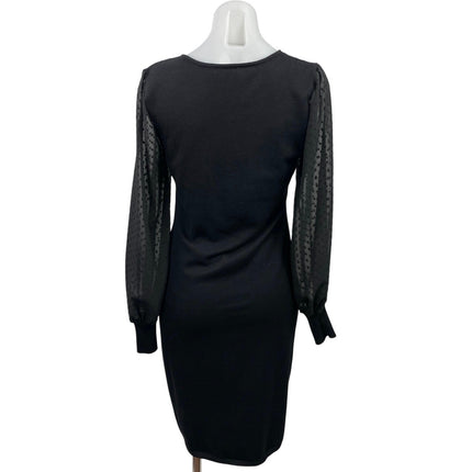 DKNY Black Polka Dot Mesh Crew Neck Long Balloon Sleeve Mini Sheath Dress Size M