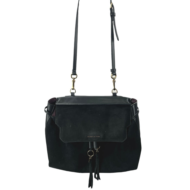 Charles & Keith Black 2-Way Tassel Faux Leather Shoulder Front Flap Backpack OS
