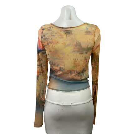 Urban Outfitters Shona Cityscape Mesh Ruched Long Sleeve Blouse Crop Top Size L