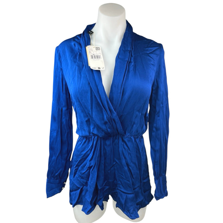 NEW MNG Blue Silky Satin V-neck Faux Wrap Long Sleeve Romper Jumpsuit Size XS