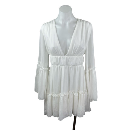 Miss Ord Women's White Deep V Neck Long Sleeve Tiered Mini Flare A-Line Dress XS