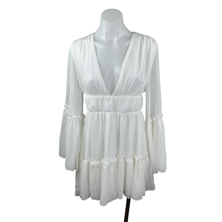 Miss Ord Women's White Deep V Neck Long Sleeve Tiered Mini Flare A-Line Dress XS
