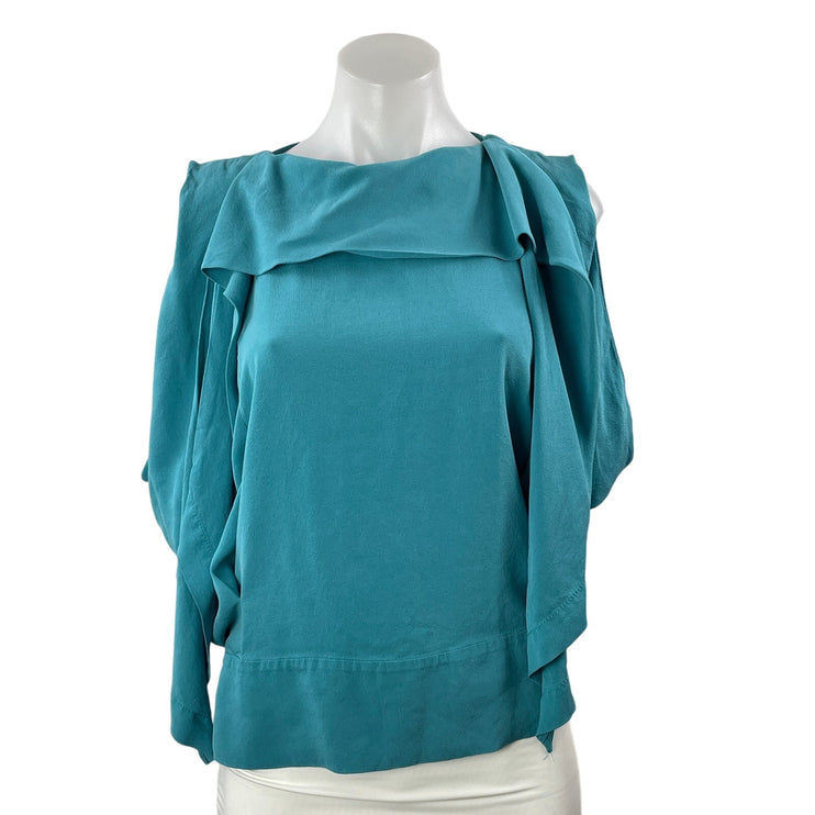 Diane Von Furstenberg Women Teal 100% Silk Cold Shoulder Drape Blouse Top Size 8