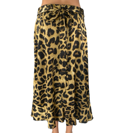 Women's Beige Black Leopard Animal Print Tie Back Ruffle Midi Skirt Size L