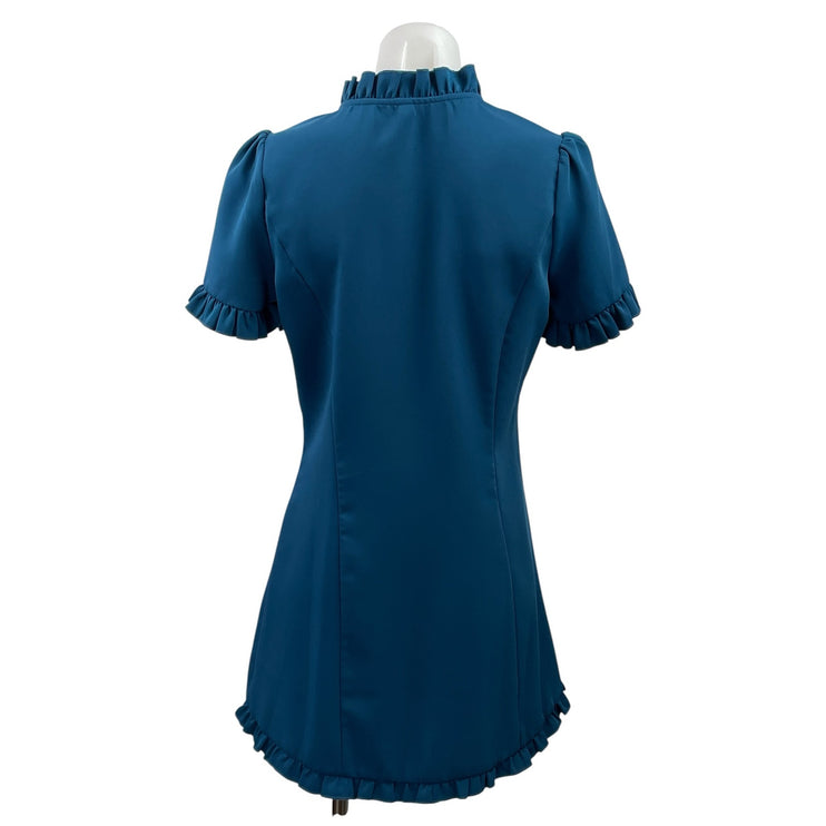 Loli Loli Women's Blue Short Sleeve Ruffle V Neck Button Up A Line Mini Dress L