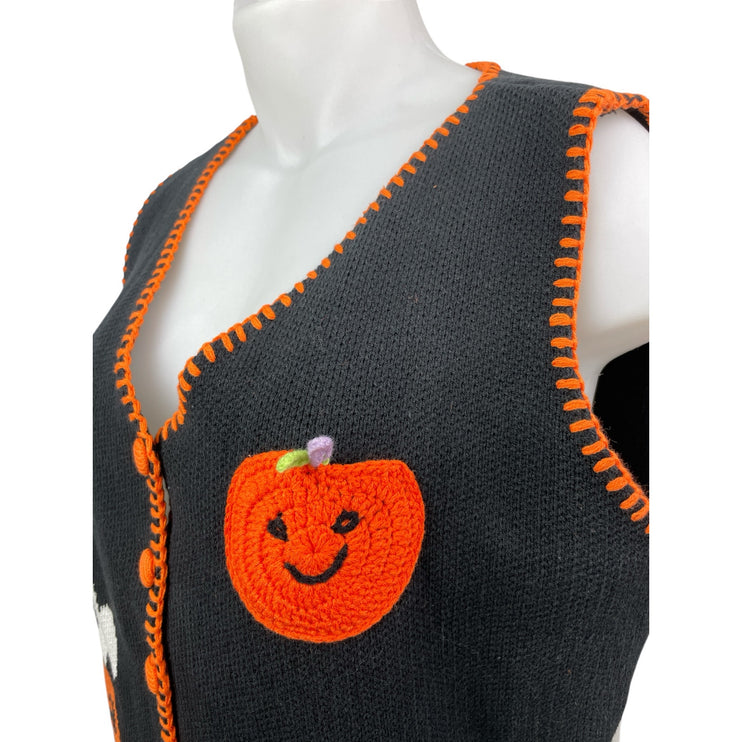 Cider Womens Black Coral Stitch Pumpkin Knit Button Up Cardigan Sweater Vest 3XL