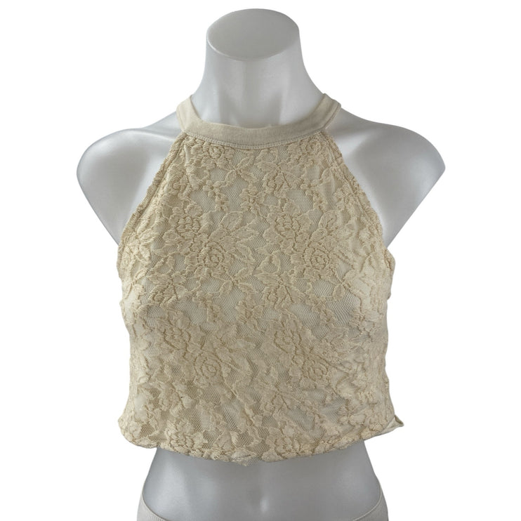 ZARA Cream White Floral Lace Sleeveless Halter Cami Crop Tank Blouse Top Size S