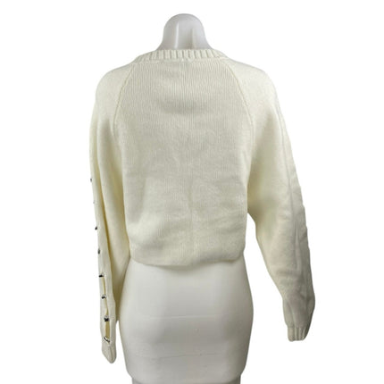 Zara Women's Cream White Studded Beaded Cutout Long Sleeve Crop Sweater Top Sz S